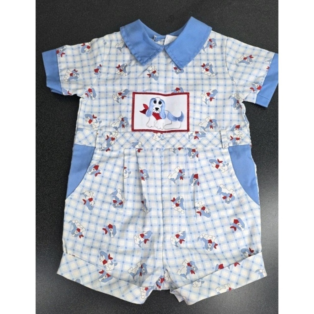 Vintage Nannette 24 Month Baby Boy Blue Suit Embroidered Dog Romper‎ Snaps